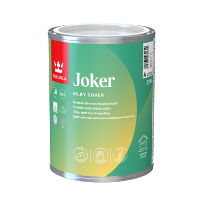 Tikkurila Joker unutrašnja mat boja svilenkastog efekta, 0,9 L, razređuje se vodom, otporna na mokro ribanje klasa I, toniranje online po Symphony ton karti.
