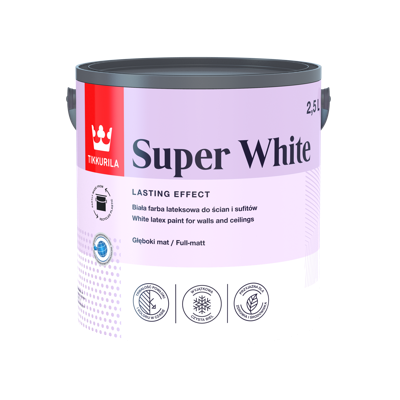TIKKURILA SUPER WHITE 2.5 L potpuno mat bela boja za unutrašnje zidove i plafone, pakovanje 2.5 litra.