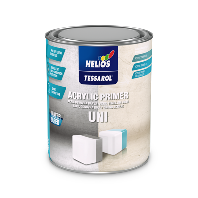 HELIOS TESSAROL akril osnovna boja UNI je univerzalna vodena osnovna boja za metal, pocinkovani lim, aluminijum, bakar i tvrdi PVC. Ne tonira se.