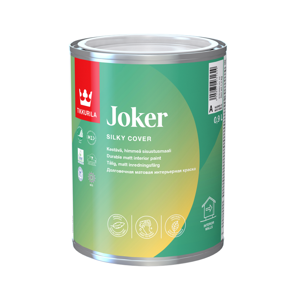 Tikkurila Joker unutrašnja mat boja svilenkastog efekta, 0,9 L, razređuje se vodom, otporna na mokro ribanje klasa I, toniranje online po Symphony ton karti.