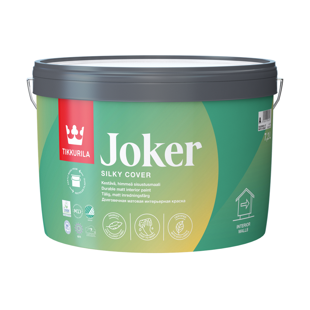 Tikkurila Joker unutrašnja mat boja za zidove i plafone, 2,7 L, razređuje se vodom, nanošenje valjkom/četkom/prskanjem, toniranje online po Symphony ton karti.