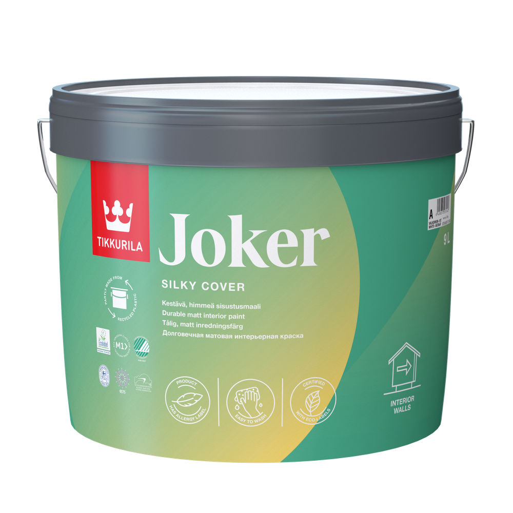 Tikkurila Joker unutrašnja mat boja svilenkastog efekta, 9 L, razređuje se vodom, pokriva 72-108 m2 po sloju, toniranje online po Symphony ton karti.