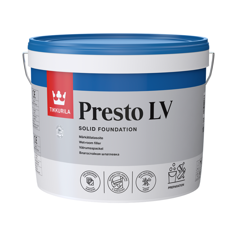Tikkurila Presto LV 10 L lagani glet za vlažne prostorije, za zidove i plafone, nanošenje do 4 mm bez pucanja. Ne tonira se. CE oznaka.