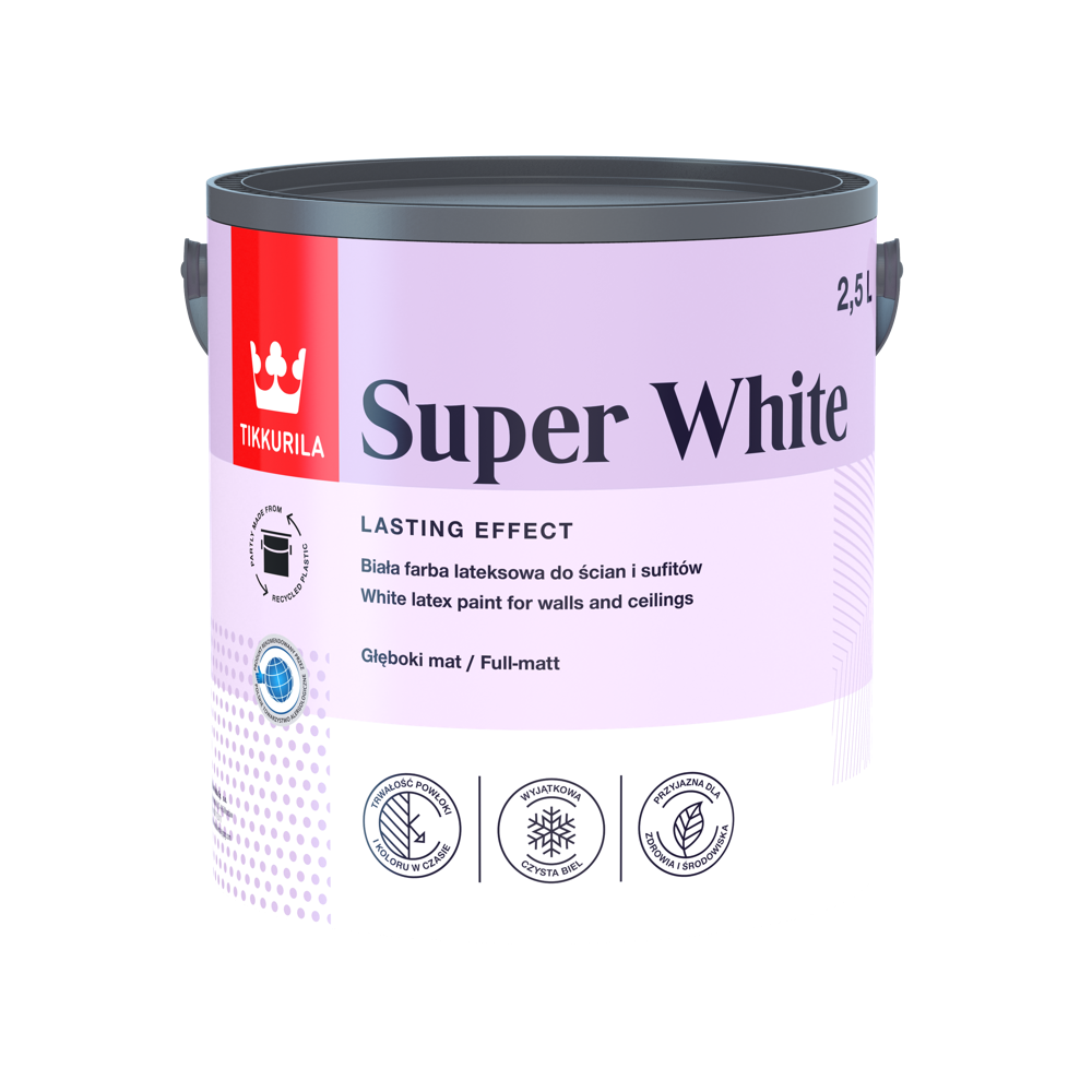 TIKKURILA SUPER WHITE 2.5 L potpuno mat bela boja za unutrašnje zidove i plafone, pakovanje 2.5 litra.