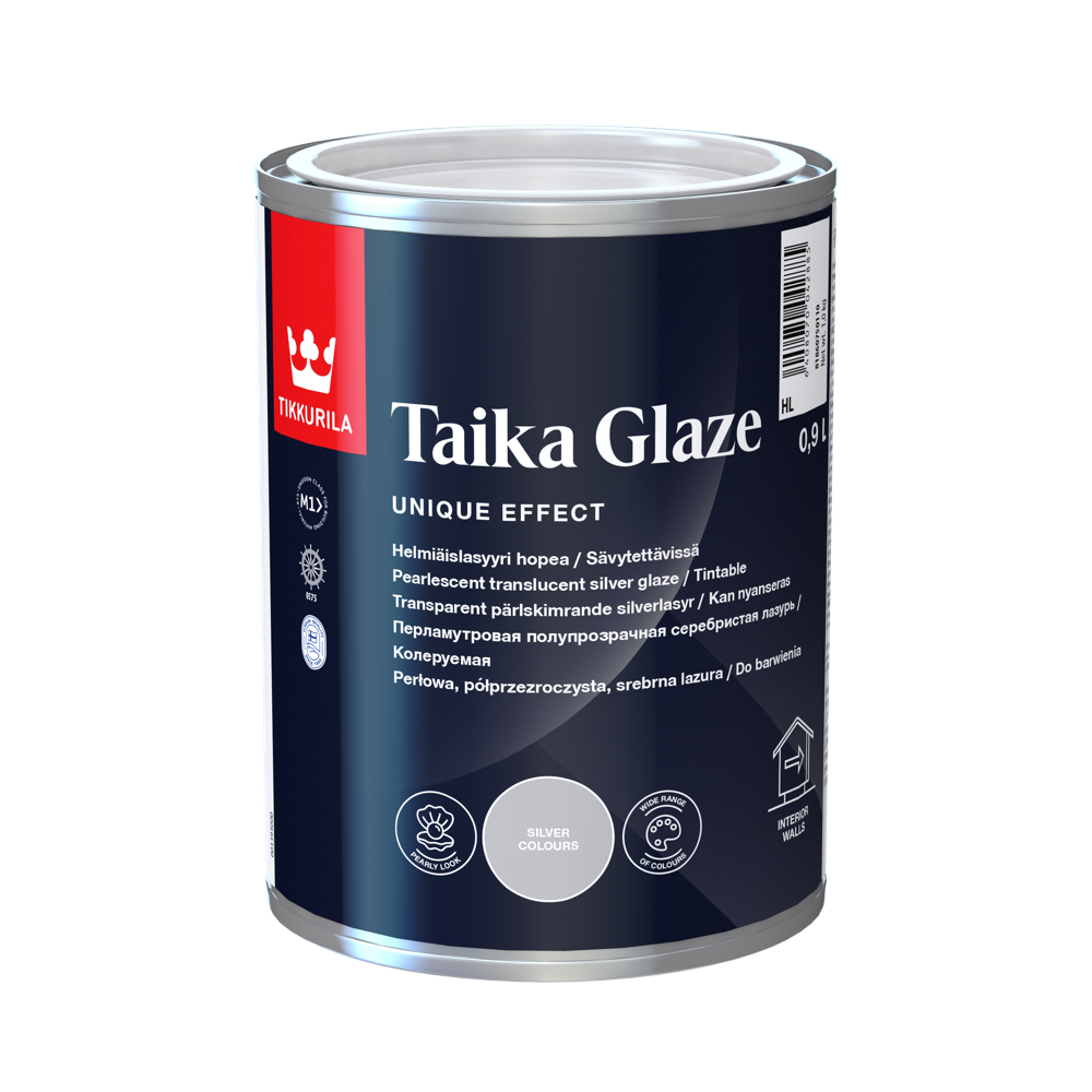 TIKKURILA TAIKA GLAZE 0,9 L dekorativna providna lazura za zidove sa metalik efektom, toniranje po Taika Perl Glaze ton karti