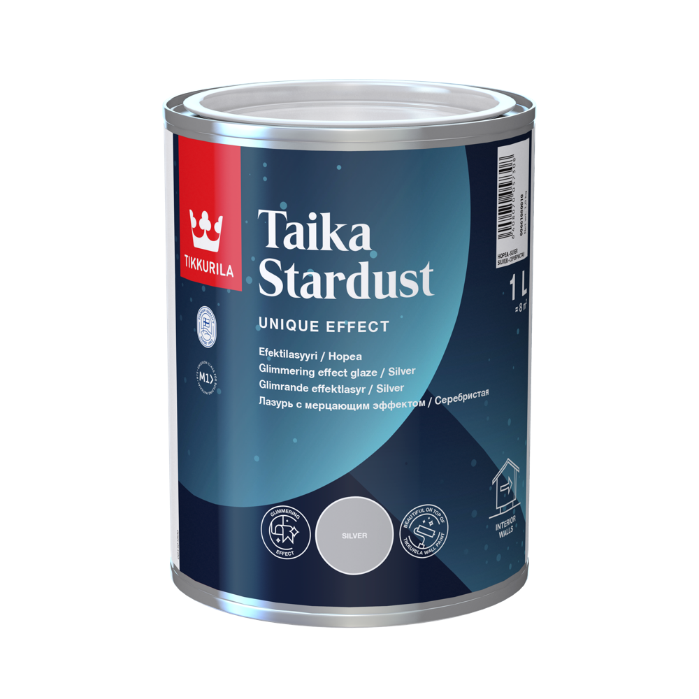 TIKKURILA TAIKA STARDUST SILVER 1 L dekorativna akrilna glazura za zidove sa šljokicama, sa svetlucavim efektom.
