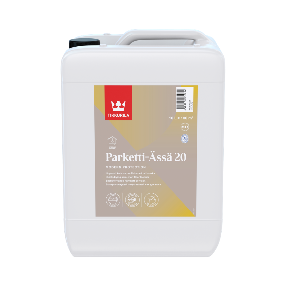 TIKKURILA PARKETTI-ÄSSÄ 20 10 L brzosušeći polumat lak za parket i unutrašnje drvene površine, ne tonira se