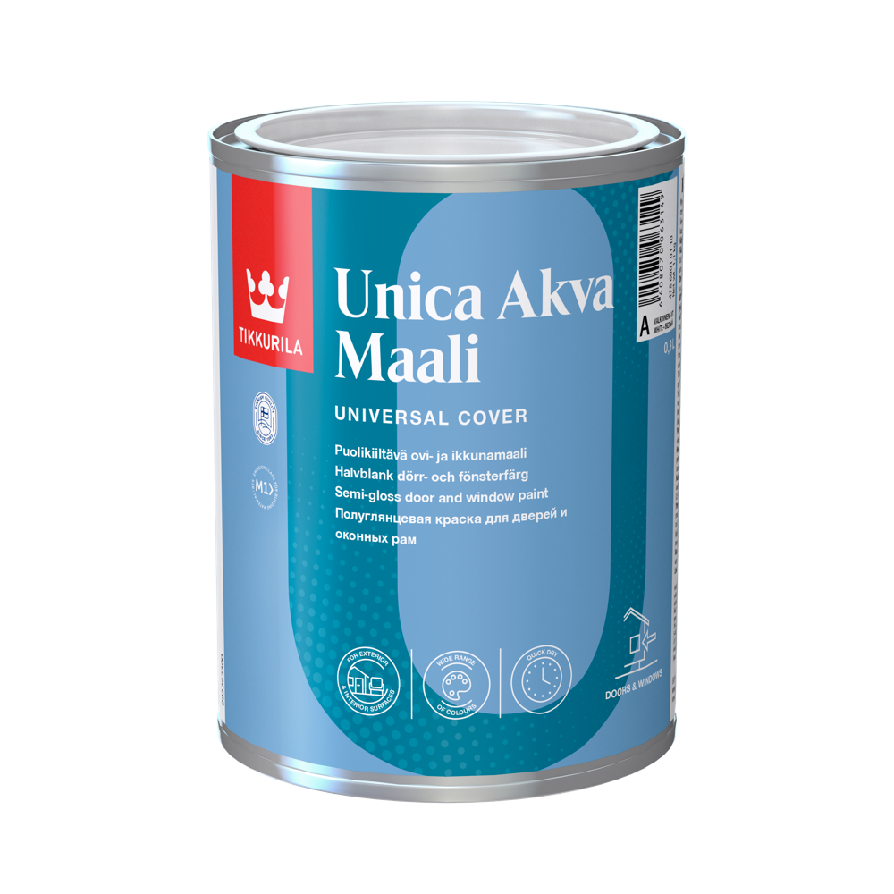 TIKKURILA UNICA AKVA MAALI 0,9 L polusjajna akrilna boja za vrata i prozore, toniranje online po Symphony ton karti