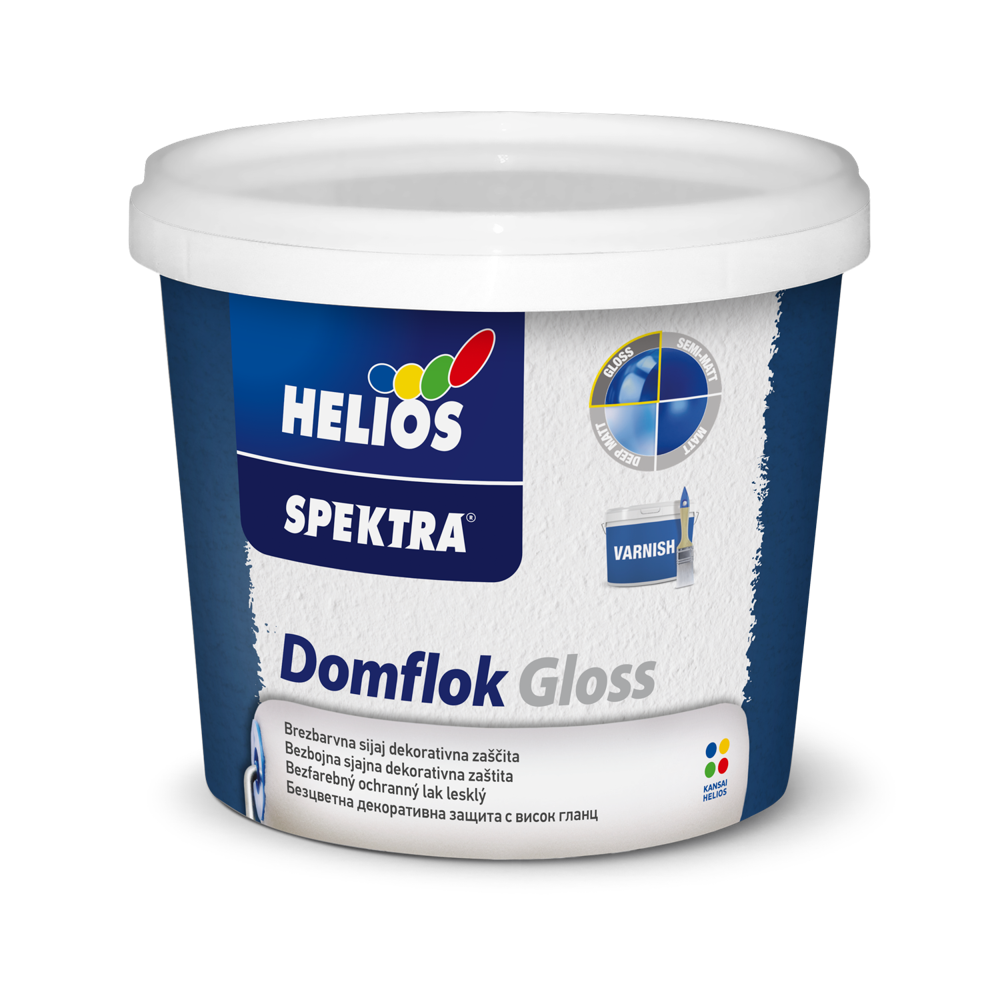HELIOS SPEKTRA Domflok Gloss bezbojni zaštitni lak za unutrašnje zidove visoke perivosti, završni premaz za Domflok dekorativni sistem.