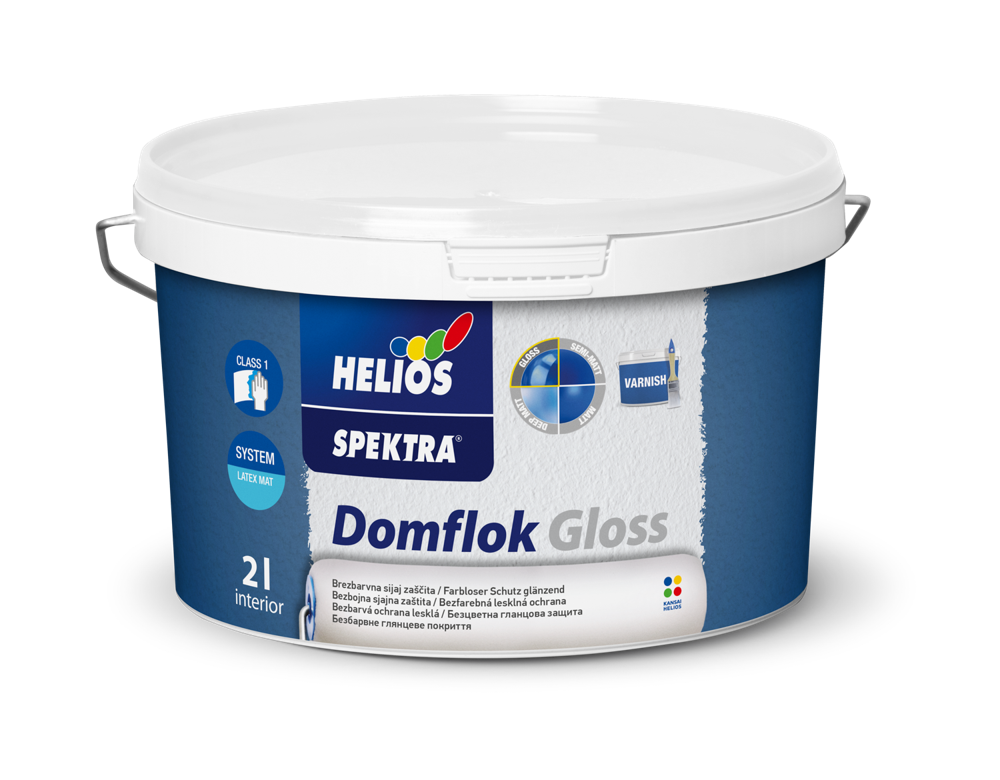 HELIOS SPEKTRA Domflok Gloss bezbojni zaštitni lak za unutrašnje zidove visoke perivosti, završni premaz za Domflok dekorativni sistem.
