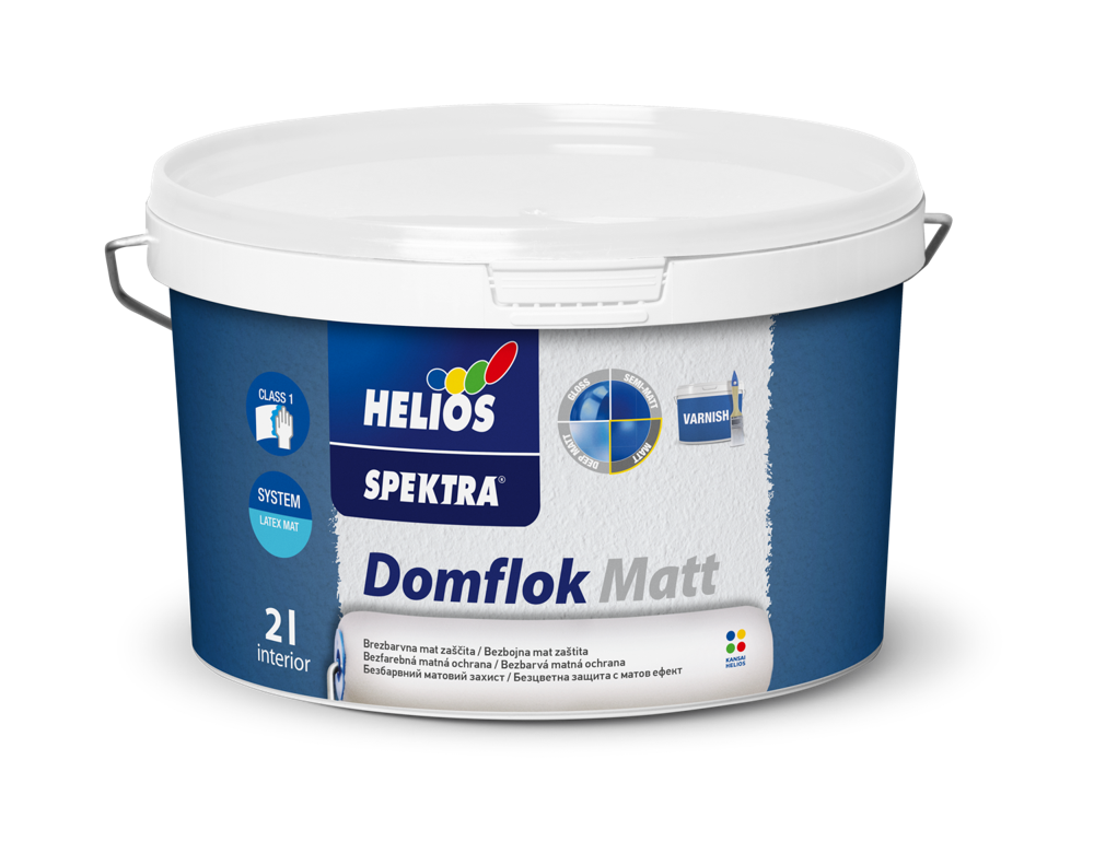 HELIOS SPEKTRA Domflok Matt bezbojni zaštitni lak za unutrašnje zidove visoke perivosti, mat završni premaz za Domflok dekorativni sistem.