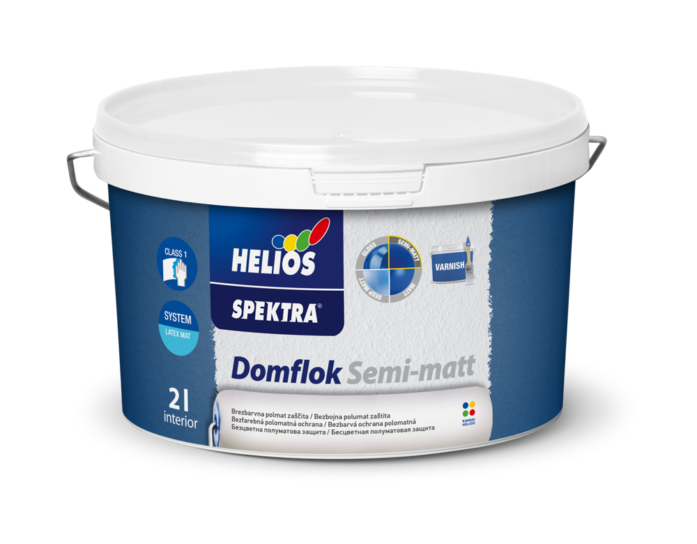 HELIOS SPEKTRA Domflok Semi-matt bezbojni zaštitni lak za unutrašnje zidove visoke perivosti, završni premaz za Domflok dekorativni sistem.