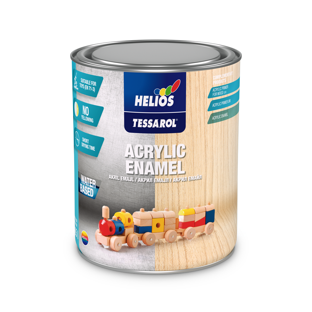 HELIOS TESSAROL akril emajl sjajni završni premaz za drvo i metal, vodorazrediv, brzo sušenje, toniranje online po NCS i HGMIX sistemu.