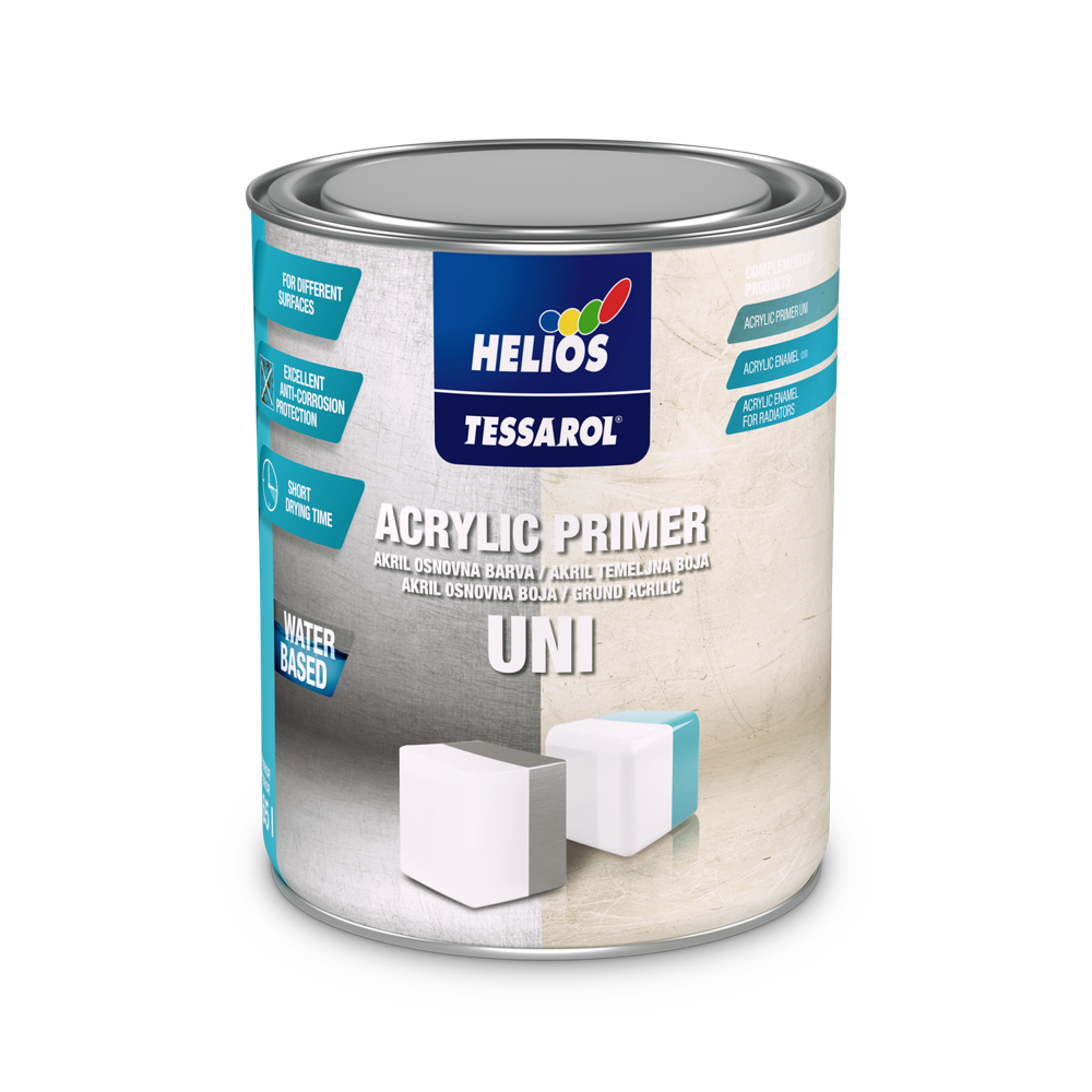 HELIOS TESSAROL akril osnovna boja UNI je univerzalna vodena osnovna boja za metal, pocinkovani lim, aluminijum, bakar i tvrdi PVC. Ne tonira se.