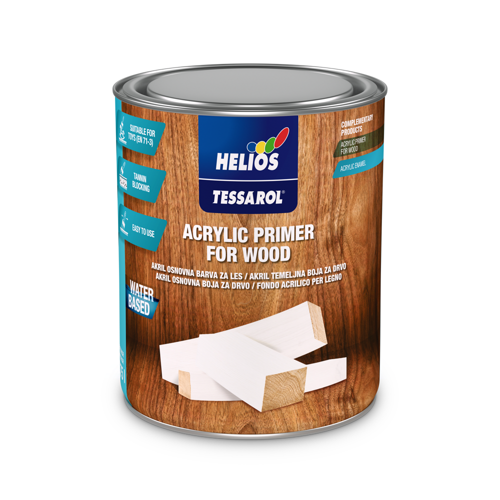 HELIOS TESSAROL akrilna osnovna boja za drvo je osnovna boja za drvo, sa aditivom koji sprečava žute mrlje i brzo se suši. Ne tonira se.