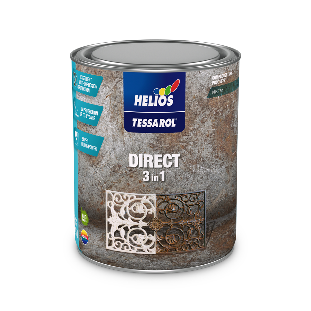 HELIOS TESSAROL DIRECT 3in1 sjajna boja za metal sa antikorozivnom zaštitom, bela i 11 nijansi