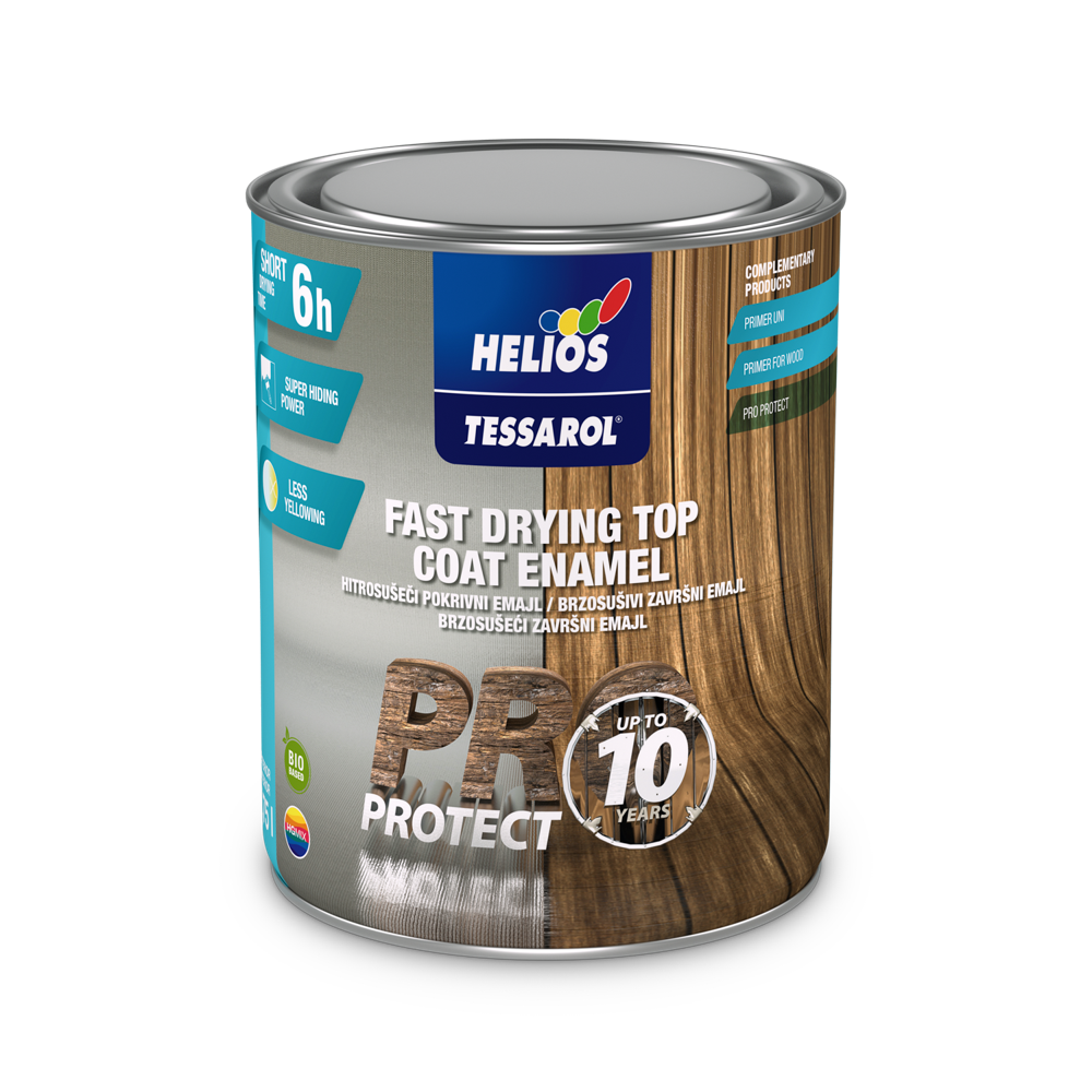 HELIOS TESSAROL PRO PROTECT sjajni ili satenski završni premaz za drvo i metal, za unutra i spolja, međusobno mešanje standardnih nijansi.