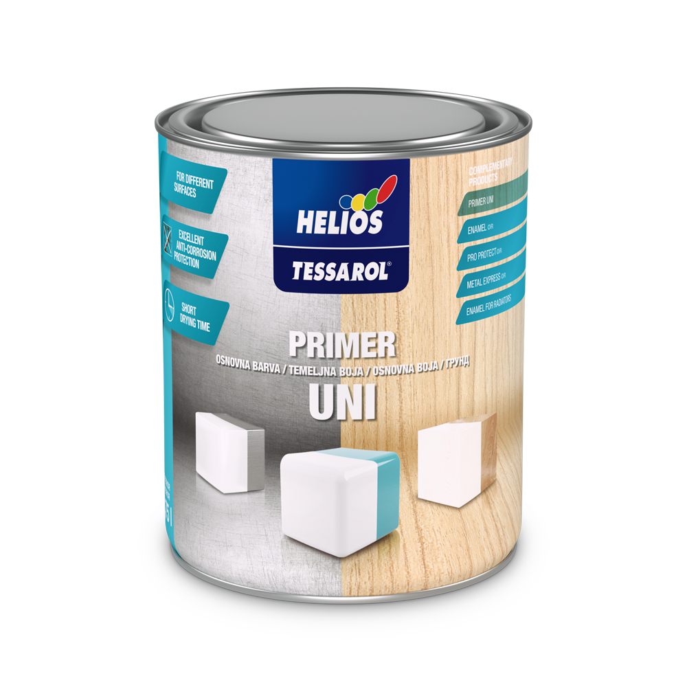 HELIOS TESSAROL osnovna boja UNI je univerzalna osnovna boja za zaštitu metala, pocinkovanog lima, aluminijuma, PVC-a i drveta. Ne tonira se.